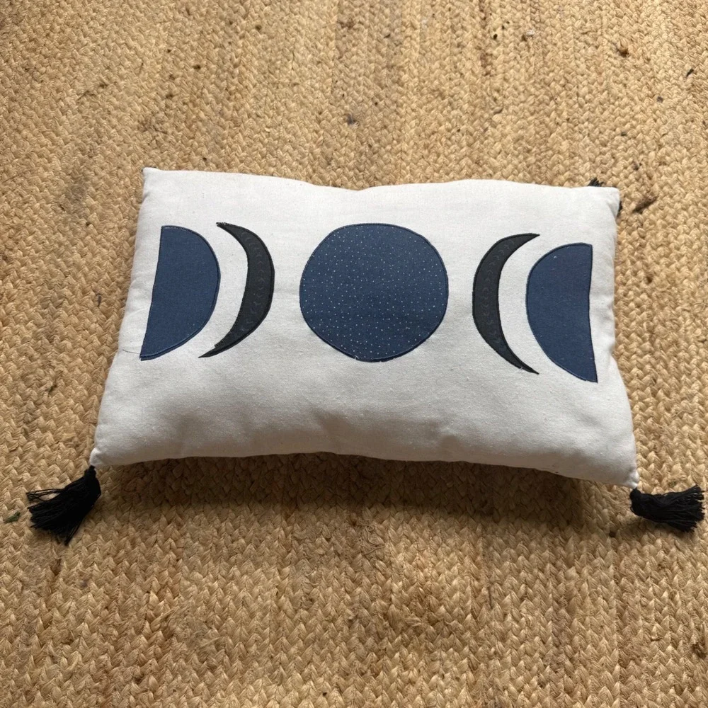 Moon Phase Rectangle Pillow Celestial Witchy Whimsigoth Tassel Accent Navy White